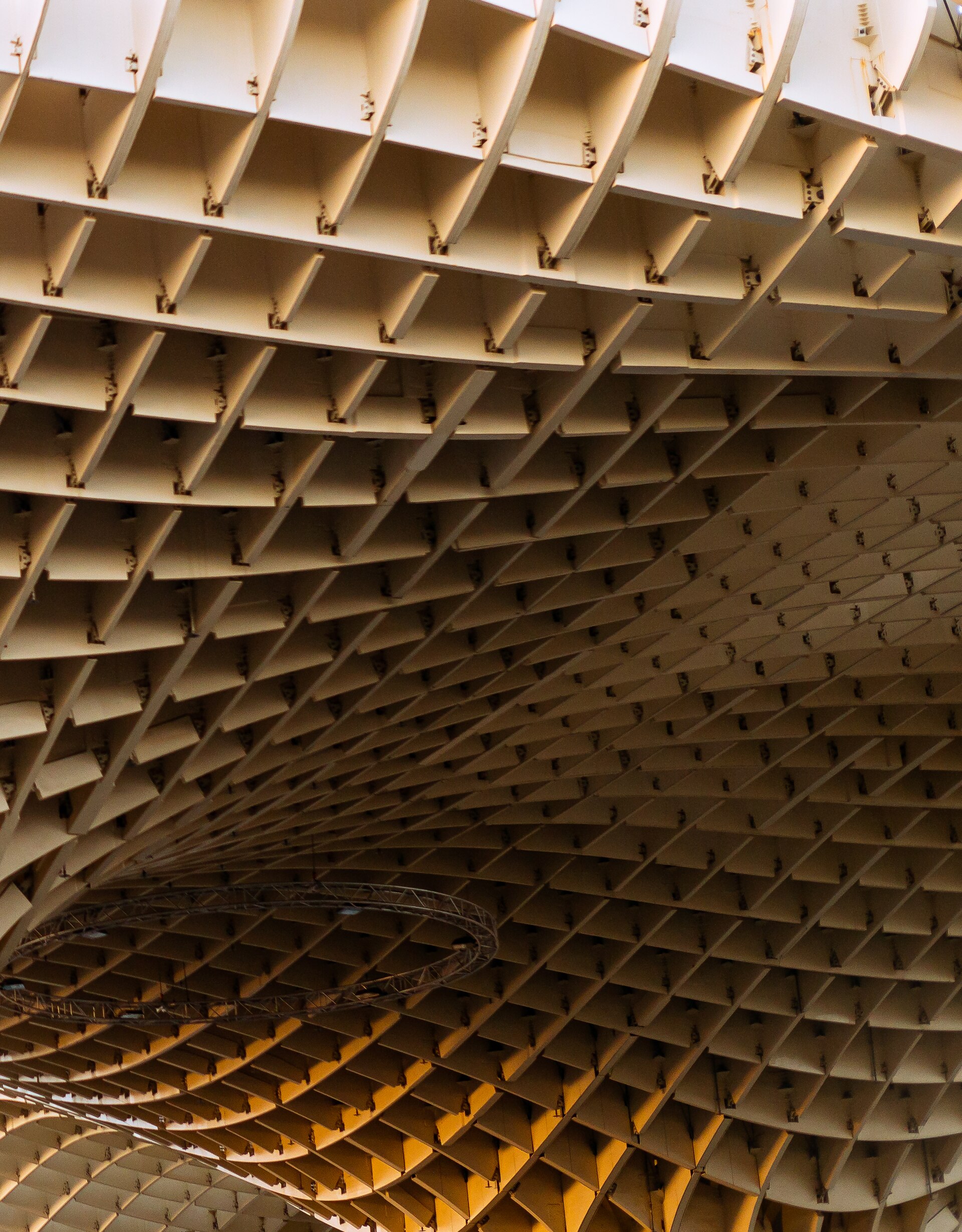 Underside of Seville’s Metropol Parasol, showing the intersecting lattice of its timber canopy.