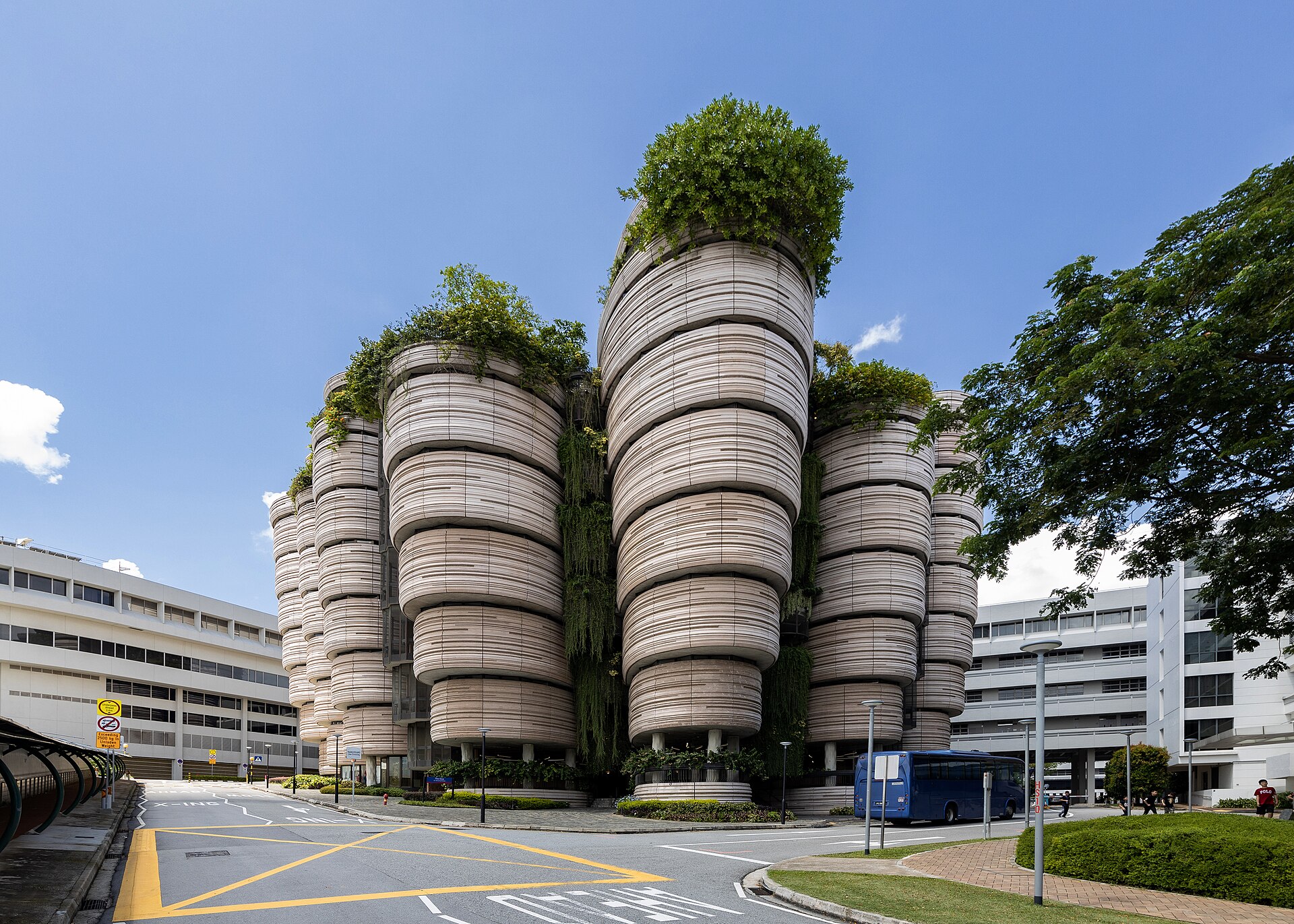 The Hive learning hub at Nanyang Technological University, Singapore, with its stacked cylindrical volumes.