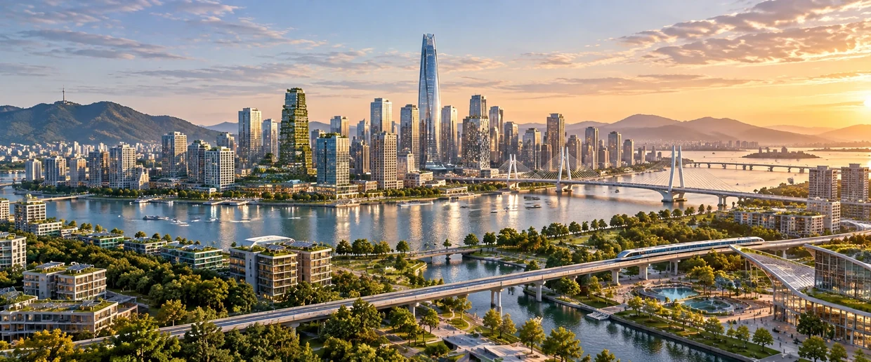 Conceptual smart city with sustainable buildings, public transportation, and modern urban infrastructure.