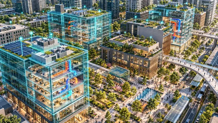 Smart building performance and building digital twin. AI-generated conceptual illustration.