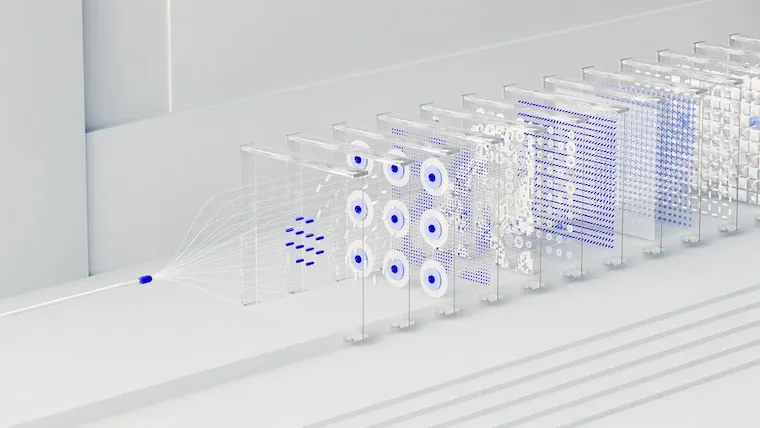 White and blue abstract neural network and digital systems artwork. Illustrative stock imagery.