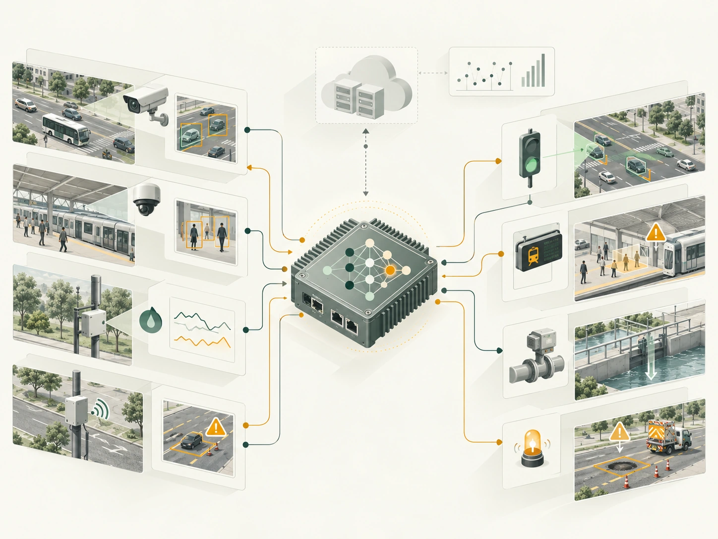 Illustration showing AI processing near urban infrastructure sensors at the network edge.