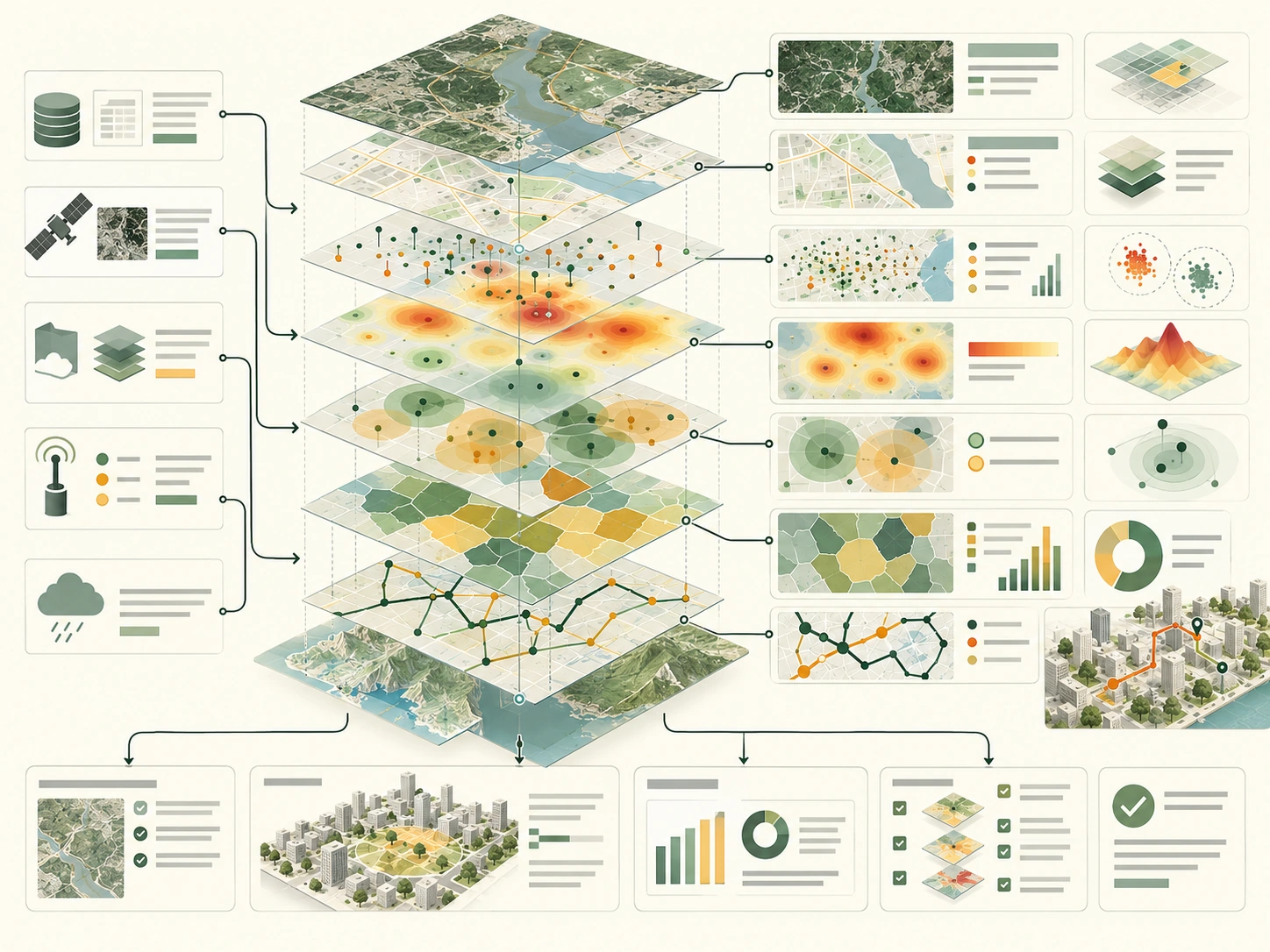 Illustration showing layered geospatial analysis supporting city decisions.