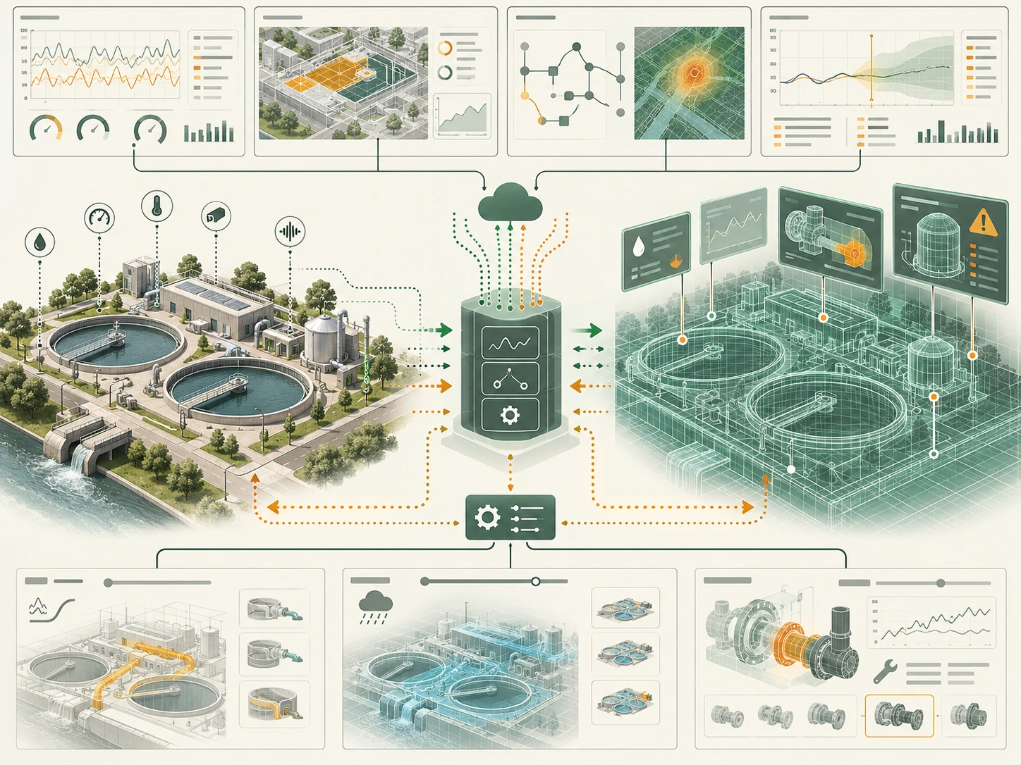 Illustration showing an urban digital twin connecting city data with a digital model.