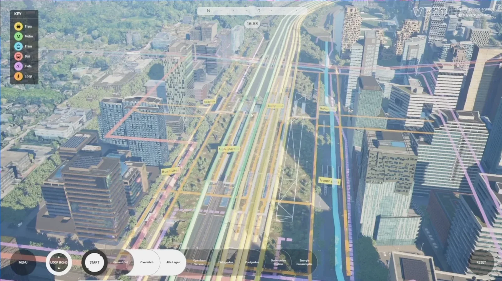 Amsterdam ZuidasDOK 3D model with color-coded train, metro, tram, bus, cycling, and pedestrian network layers and a transport legend.