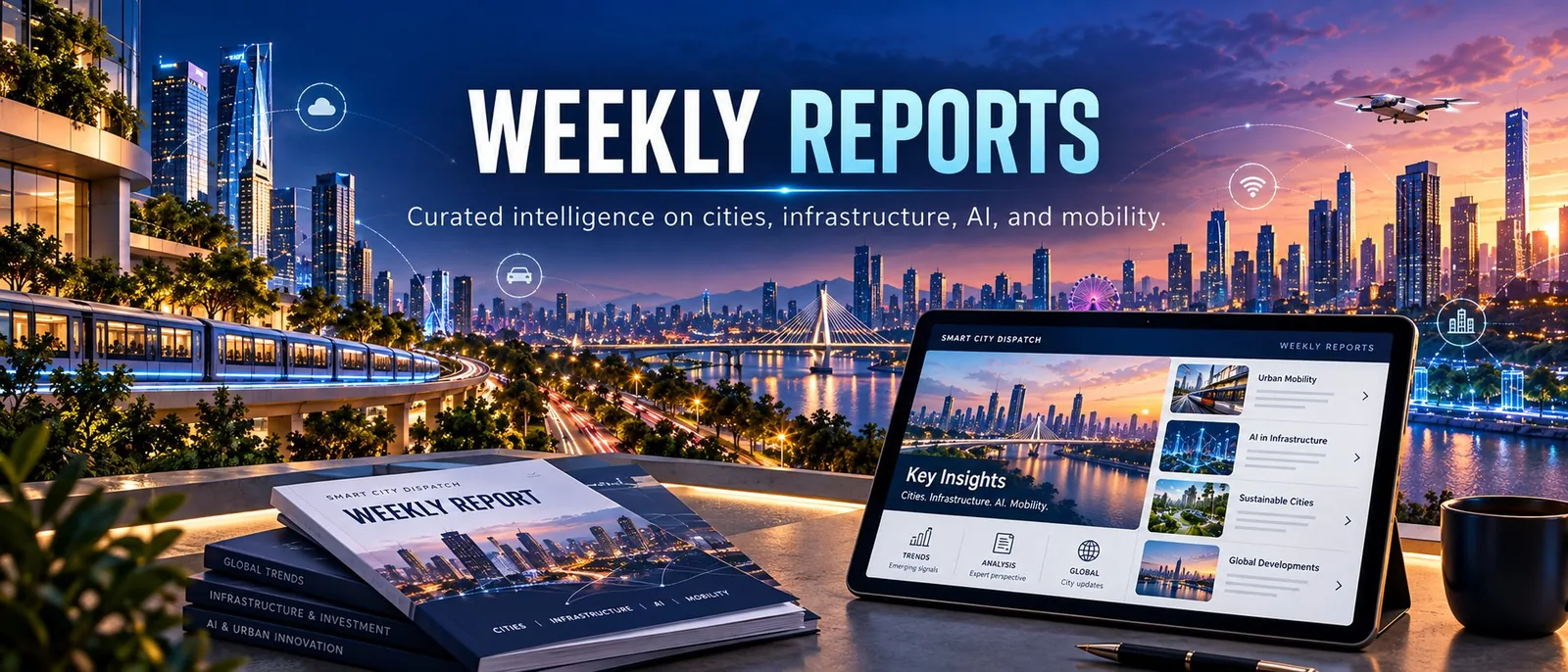 Weekly Reports section art showing connected urban systems and city operations