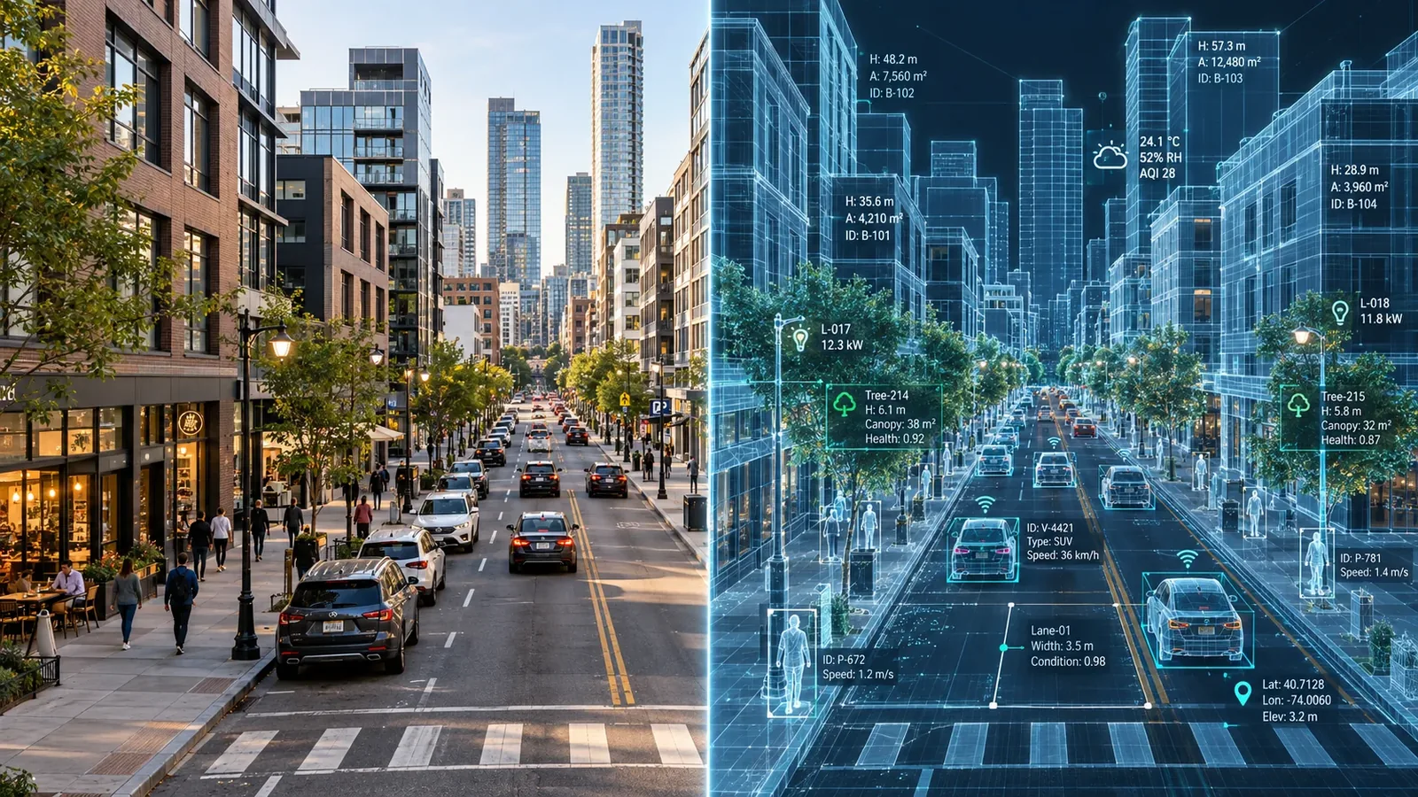 A city street shown first as a real urban scene and then as a digital twin with object-level building, traffic, environmental, and infrastructure data.