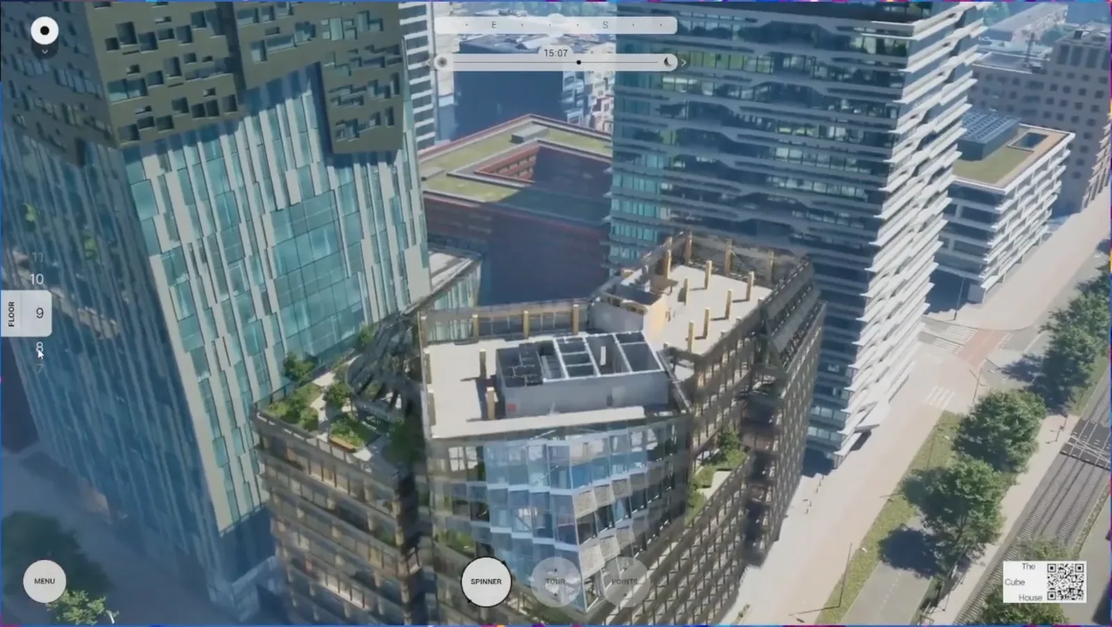 Interactive cutaway of a building in Amsterdam ZuidasDOK, exposing internal levels and architectural structure beside a floor-selection control.
