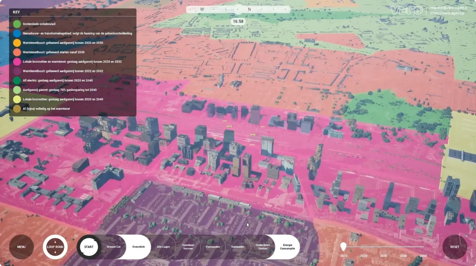 Amsterdam ZuidasDOK 3D model with color-coded neighborhood energy and heating-transition layers, a Dutch legend, and a 2010–2050 timeline.