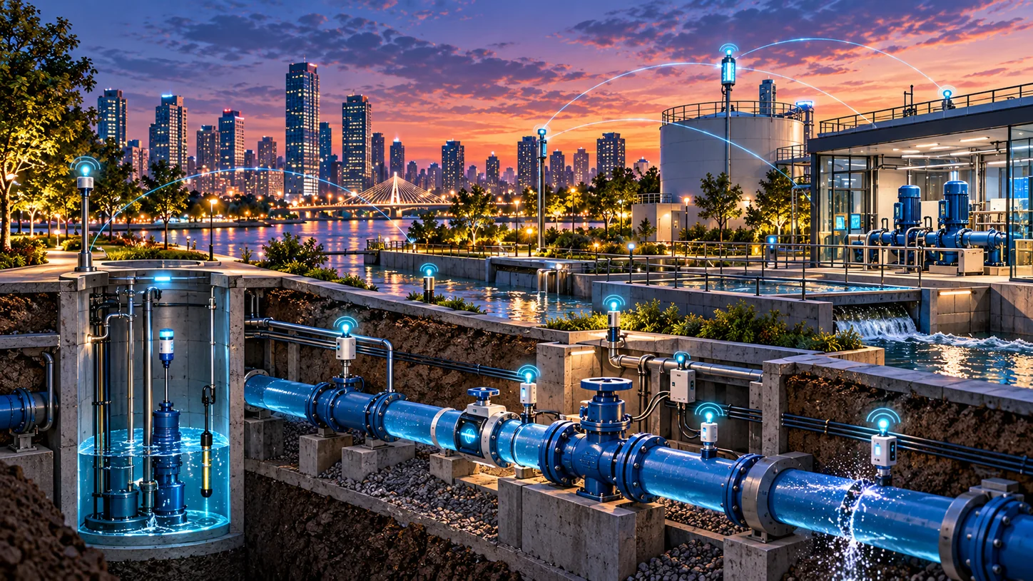 Water utility pipes and monitoring equipment connect to an urban water network.