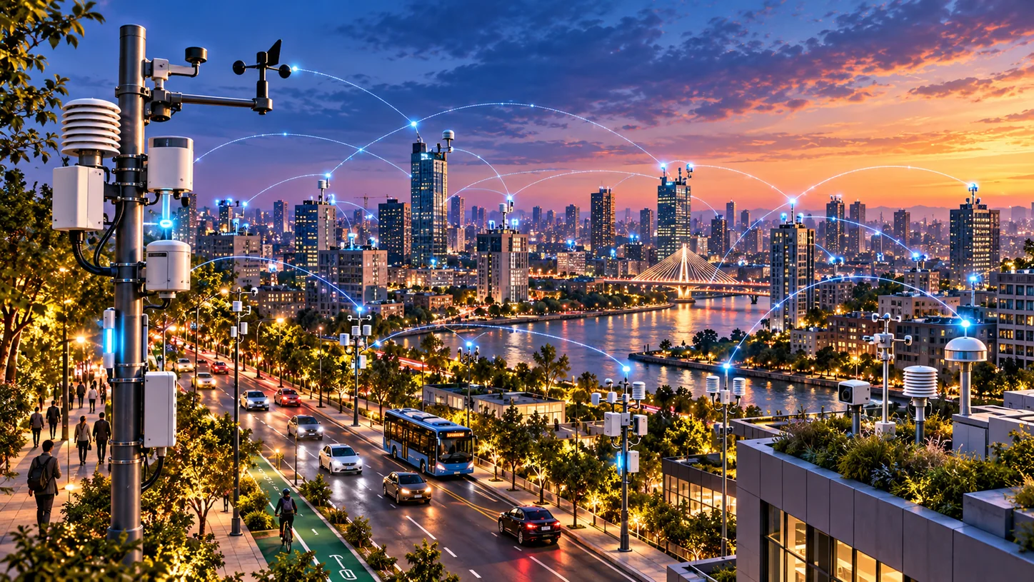 Connected urban sensors form a citywide environmental monitoring network.