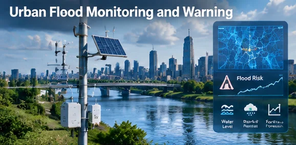 Illustration of urban flood monitoring with connected sensors and drainage infrastructure.