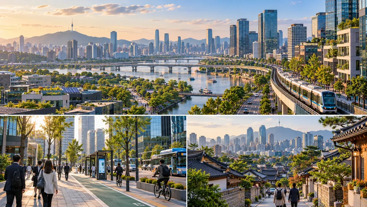 Illustrative urban scenes combining a river skyline, public transit, cycling, walkable streets, and traditional architecture.