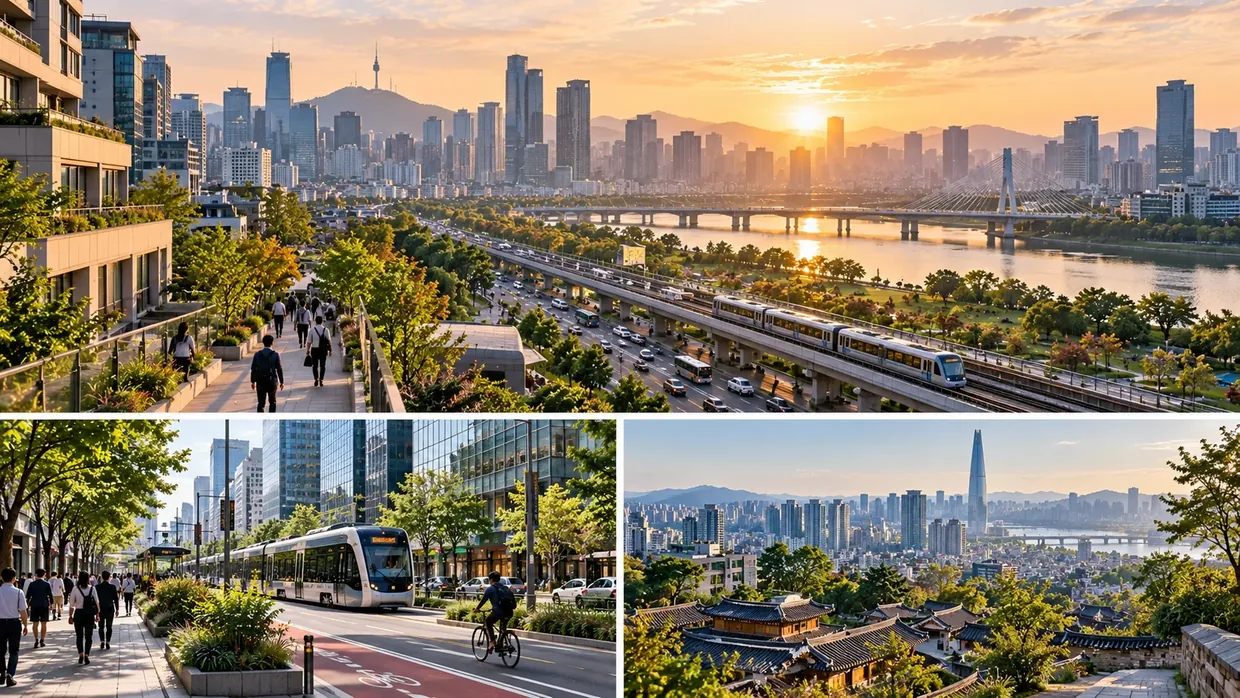 Illustrative city panorama at sunset with a river, rail transit, green public spaces, and connected urban districts.